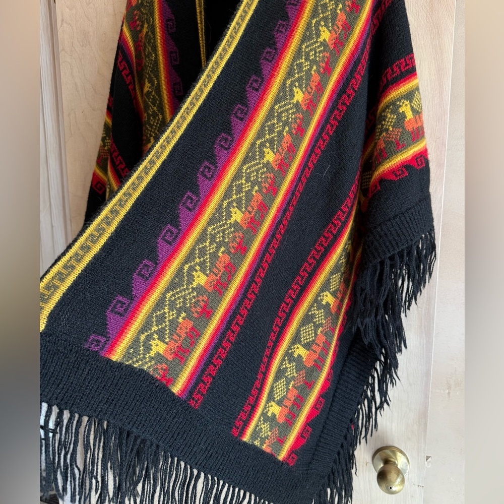 Alpaca Connection Alpaca Wool Ruana Wrap Peru Black Multicolor Unisex OS - Picture 7 of 13